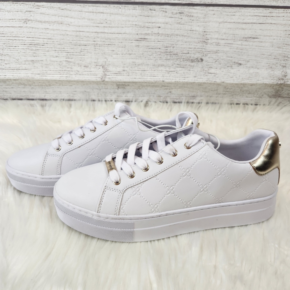 Nine West Women's Gatsby Round Toe Lace-Up Casual Sneakers White and Gold - Picture 6 of 9